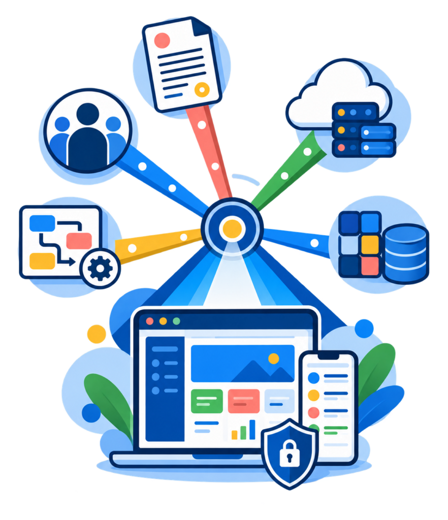 Public policy, people, operations, data, and technology converging into a secure digital product.