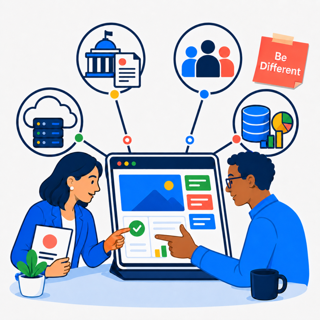 A theta. technologist and agency partner connect policy, people, cloud systems, and data around a shared digital product.